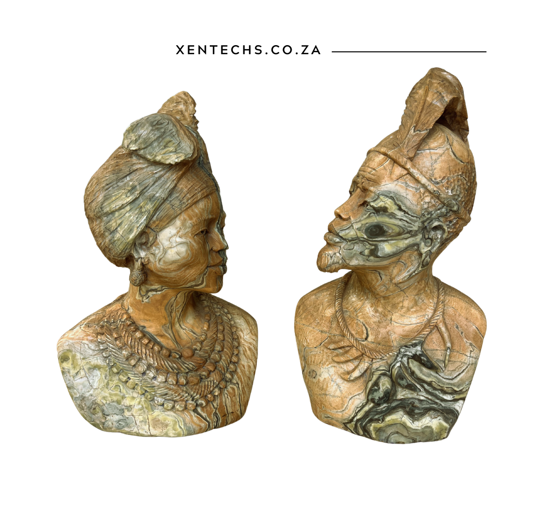 African Stone Portrait Bust Pair — Man & Woman in Banded Onyx / Serpentine