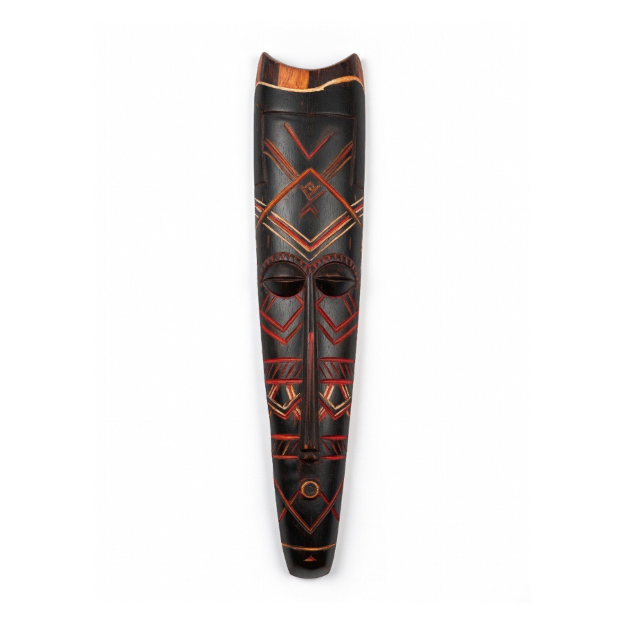 Elongated African Geometric Wall Mask — Red Ochre & Ebony Hardwood