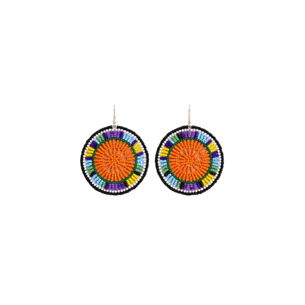 Maasai Beaded Sunburst Disc Earrings — Orange & Multicolour